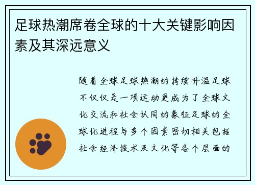 足球热潮席卷全球的十大关键影响因素及其深远意义